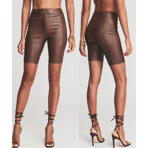 Retrofete Amanda Leather High Rise Flat Front Biker Shorts Brown Women´s Size S Bike Shorts